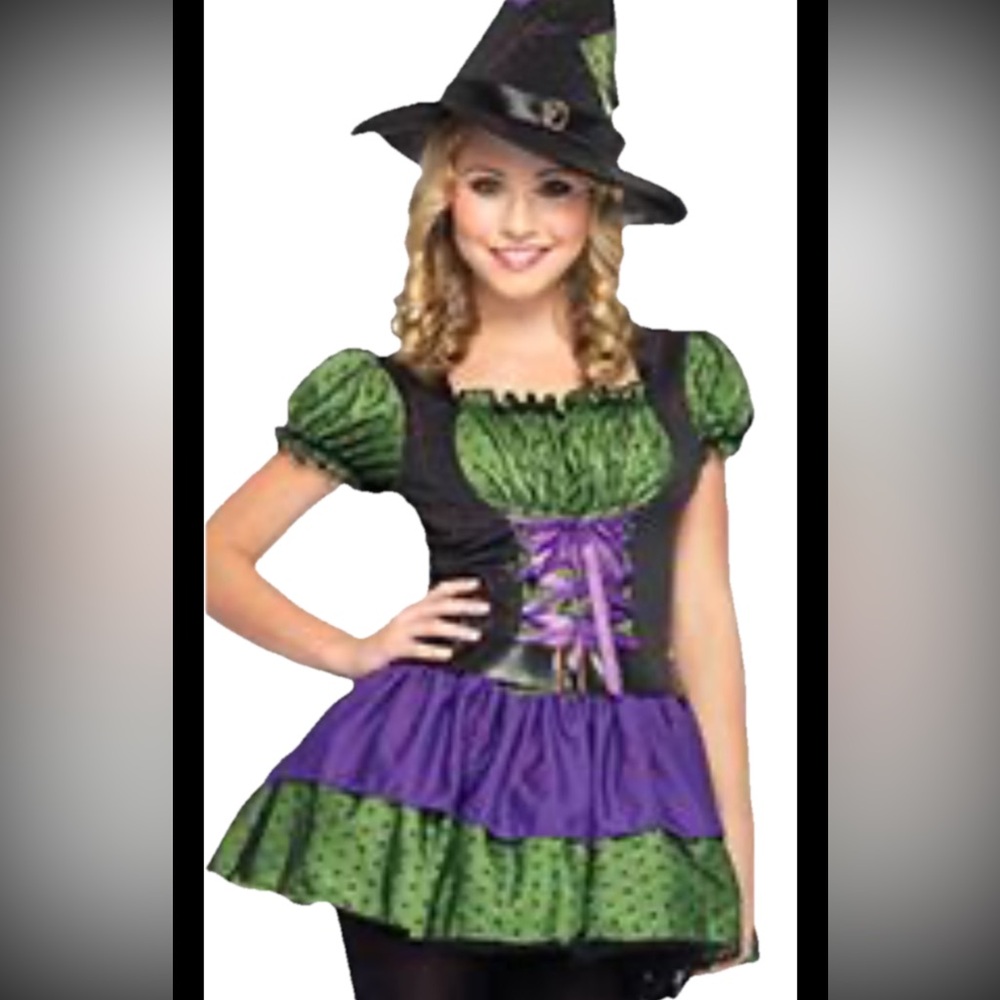 Leg Avenue Hocus Pocus Witch DRESS Hat Purple Green CORSET Lace Ruffle Halloween